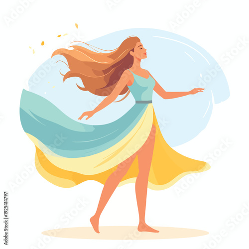 A young woman dancing freely with flowing hair and dress outdoors in a joyful and carefree environment from a front viewpoint