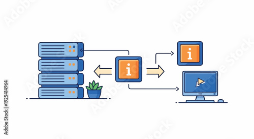 Information technology concept with server racks, data processing, and user access, illustrating network communication and digital services.