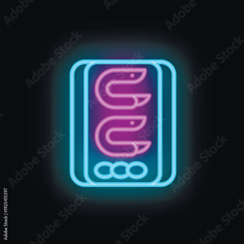 Blue and purple neon sign of a seafood restaurant showing shrimps in a box on a black background