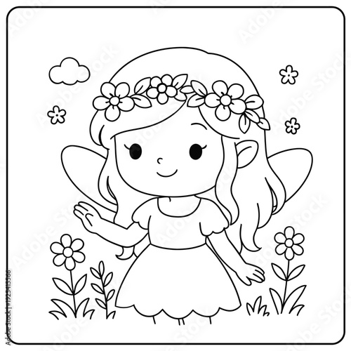 A lovely fairy with a beautiful flower crown gracefully welcomes the viewer.