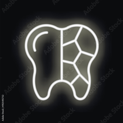 White glowing neon icon of a decaying tooth, emphasizing the concept of dental care and enamel health