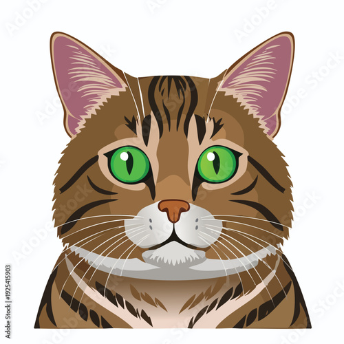Cat portrait with bright green eyes and brown and tan stripes