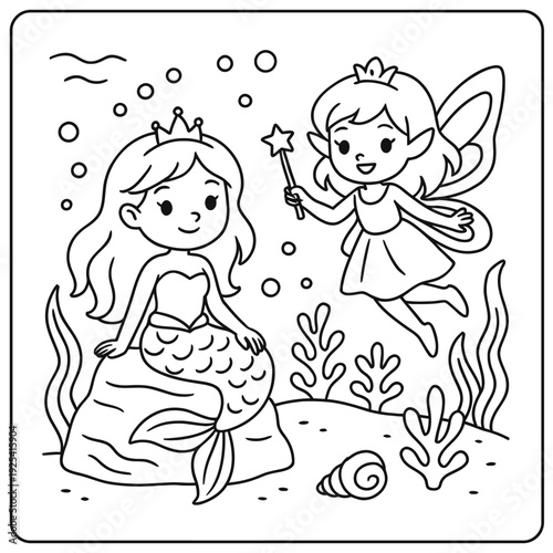 A mermaid receives a magical gift from a flying fairy by a coral reef.