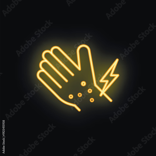 Yellow glowing neon icon of hand with tingling sensation on black background