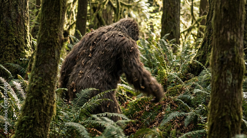 Bigfoot in the forest, hairy monster mysterious sasquatch among trees and ferns