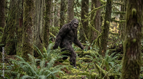 Bigfoot in the forest, hairy monster mysterious sasquatch among trees and ferns