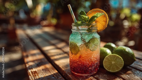 Colorful layered drink in mason jar with mint and citrus garnish