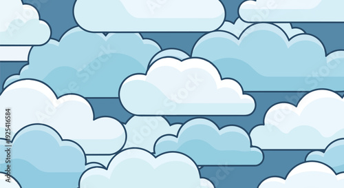 Stylized sky background with fluffy cartoon clouds in various shades of blue creating a whimsical weather motif