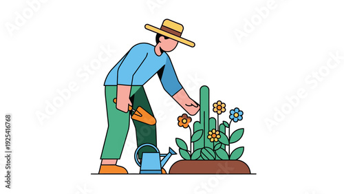 Engaged gardener carefully cultivating a diverse collection of vibrant plants with a watering can and trowel