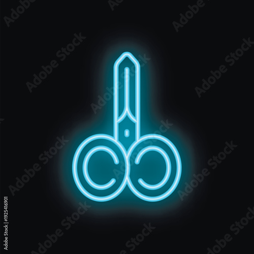 Blue neon scissors sign on black background glowing brightly