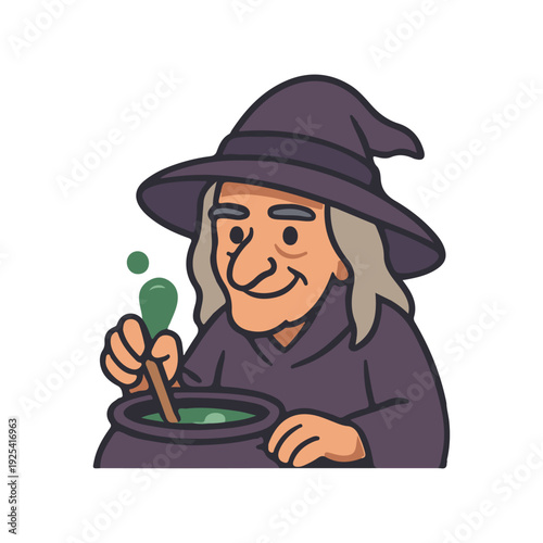 Old witch stirring potion in cauldron. Elderly wizard woman brewing green magic liquid.