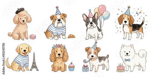Birthday watercolor clipart. Funny party puppies clipart with hats, cupcakes, presents, Eiffel tower set. Collection of Vector illustrations. Perfect for invitation, card, poster, banner, decoration