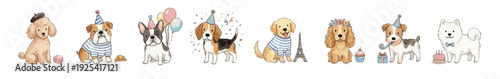 Cute birthday dogs set with poodle, bulldog, beagle, corgi, gifts balloons. Collection of Vector illustrations. Perfect for invitation, card, poster, banner, decoration
