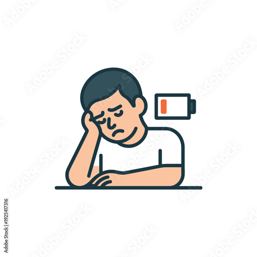 A tired man feeling exhausted with low battery symbol