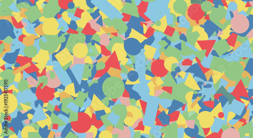 A dynamic and visually striking abstract pattern featuring an array of vibrant, overlapping geometric shapes and irregular forms, creating a