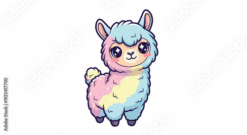 Colorful cartoon llama with pastel pink, blue, and yellow fur standing against a white background in a cute, illustrated style with a soft and playful mood.