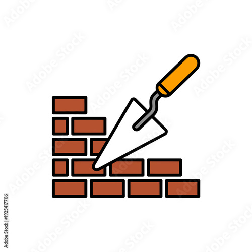 A cartoon illustration of a trowel and brick wall corner
