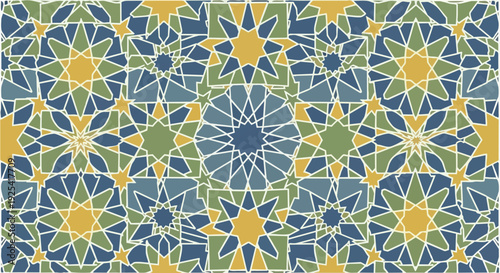 Intricate geometric pattern of interlocking star and polygonal shapes in muted blue, green, and gold. A harmonious, visually intricate tapestry