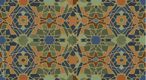 Intricate geometric mosaic pattern in earthy and muted tones, showcasing a captivating and traditional ornamental design a stunning visual experience.