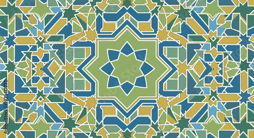 A vibrant abstract pattern featuring repeating geometric shapes in earth tones and blues, creating an intricate visual tapestry of interconnected