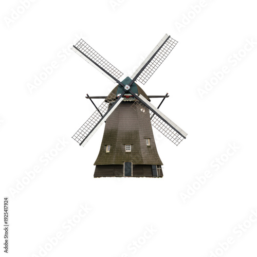 Traditional Dutch windmill with dark wooden exterior and gray roof