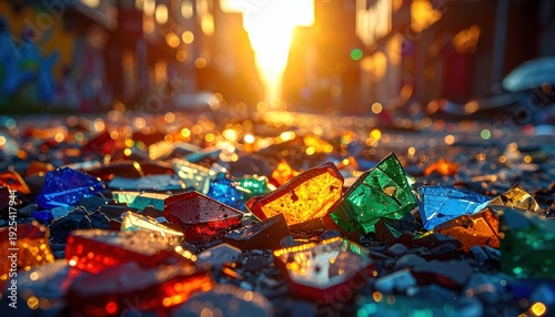Jagged fragments of broken coloured glass forming a dangerous urban mosaic underfoot in detritus, FlyPro Firefly high-resolution photo 25d16c
