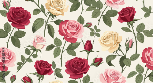 Elegant seamless pattern of multicolored roses and buds with green foliage