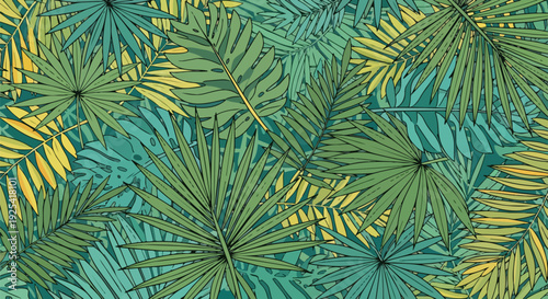 Lush exotic tropical foliage pattern in captivating green and teal shades forming a vibrant natural background design element perfect for diverse