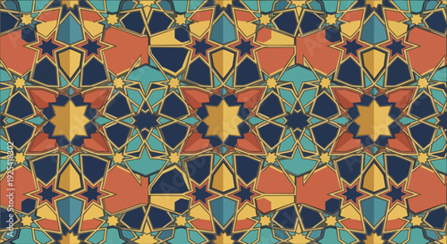 Richly Hued Geometric Pattern with Interlocking Star Shapes and Intricate Tessellations