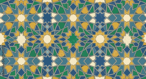 Intricate mosaic pattern featuring geometric stars and diamonds in harmonious shades of teal blue emerald green mustard yellow and cream forming a
