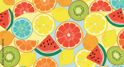 Vibrant tropical fruit medley pattern bursting with zesty citrus slices, juicy watermelon wedges, and exotic kiwi, creating a refreshing summer