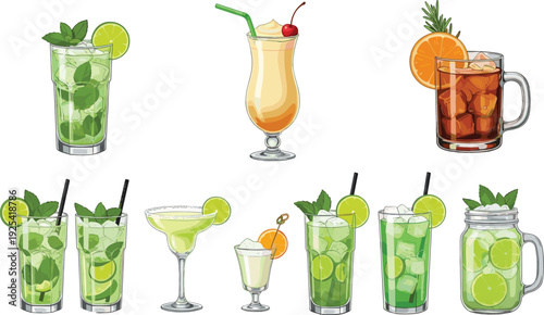 Set of 8 Refreshing Summer Cocktails with Lime, Mint, Orange, and Ice for Tropical, Beverage, and Party Themes