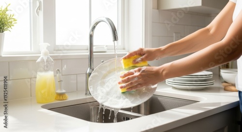 Woman washing dishes in kitchen sink with running water and sponge