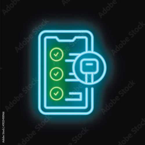 Glowing neon icon of a smartphone displaying a car key sending notification, ideal for illustrating car sharing apps or keyless entry systems