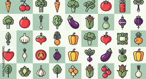 A comprehensive and delightful digital illustration of various fresh farm produce icons, artistically rendered in a flat design style, arranged