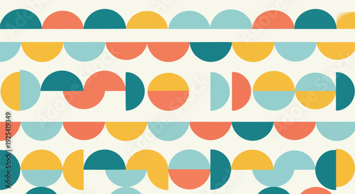 Vibrant retro geometric pattern with colorful semicircles and split circles in dynamic rows