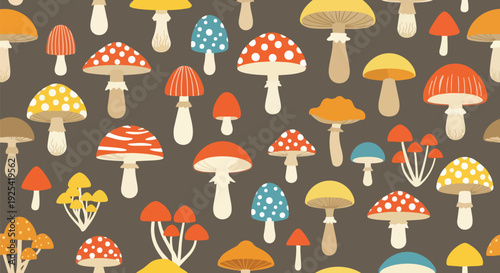 A vibrant illustration depicting a delightful seamless pattern of diverse whimsical toadstools and fungi, perfect for enchanting design projects,