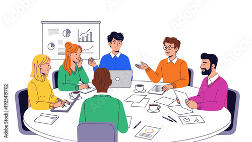 Professionals actively collaborating in a focused business meeting, discussing strategy and reviewing progress