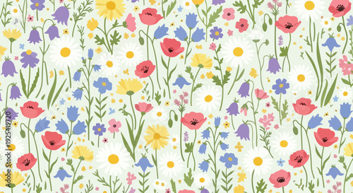 Vibrant spring wildflower meadow pattern featuring an array of colorful blooms like daisies, poppies, bellflowers, creating a charming botanical
