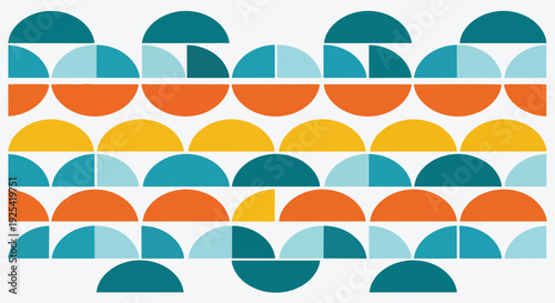 Vibrant abstract pattern mosaic of semicircles and quarter circles in teal orange yellow light blue creating dynamic visual rhythm for modern design