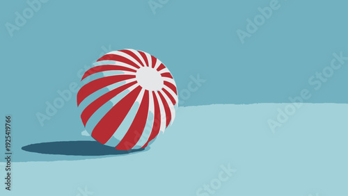 Striped Red and White Sphere Casting a Shadow on a Cyan Background