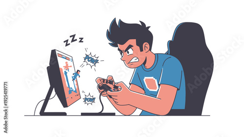Frustrated Young Man Engaged in Intense Gaming Session on Computer with Controller