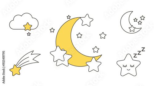Night Sky Icons Moon, Stars, Comet, and Sleeping Star