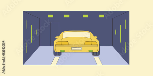 Modern flat illustration showing a vibrant yellow car within a futuristic garage interior