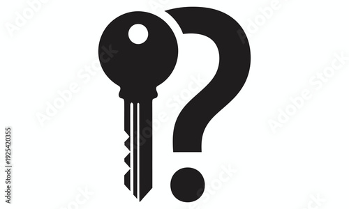 A black key and question mark icon on a white background for problem solving or solution concepts