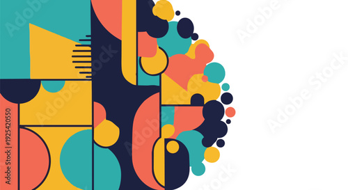 Vibrant abstract composition with diverse geometric and organic shapes creating a dynamic visual flow and contemporary graphic appeal background