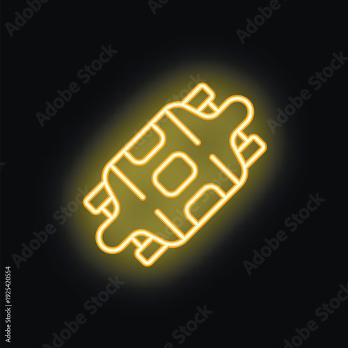 Yellow neon icon of a longboard skateboard glowing on a black background