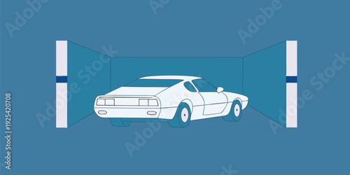 Stylized illustration of a classic car undergoing aerodynamic wind tunnel testing and research