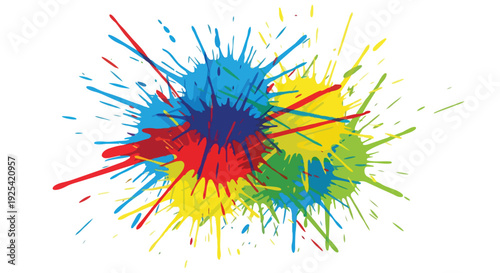 A vibrant artistic paint splatter explosion, a dynamic abstract burst of primary colors against a clean white canvas. Modern energy for creative