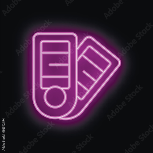 Purple neon sign of a modern car key with remote control glowing on black background